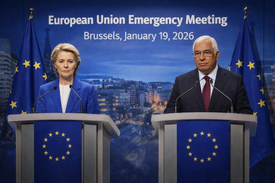 European Commission President Ursula von der Leyen and European Council President António Costa at emergency meeting podium with EU flags, Brussels, January 19, 2026