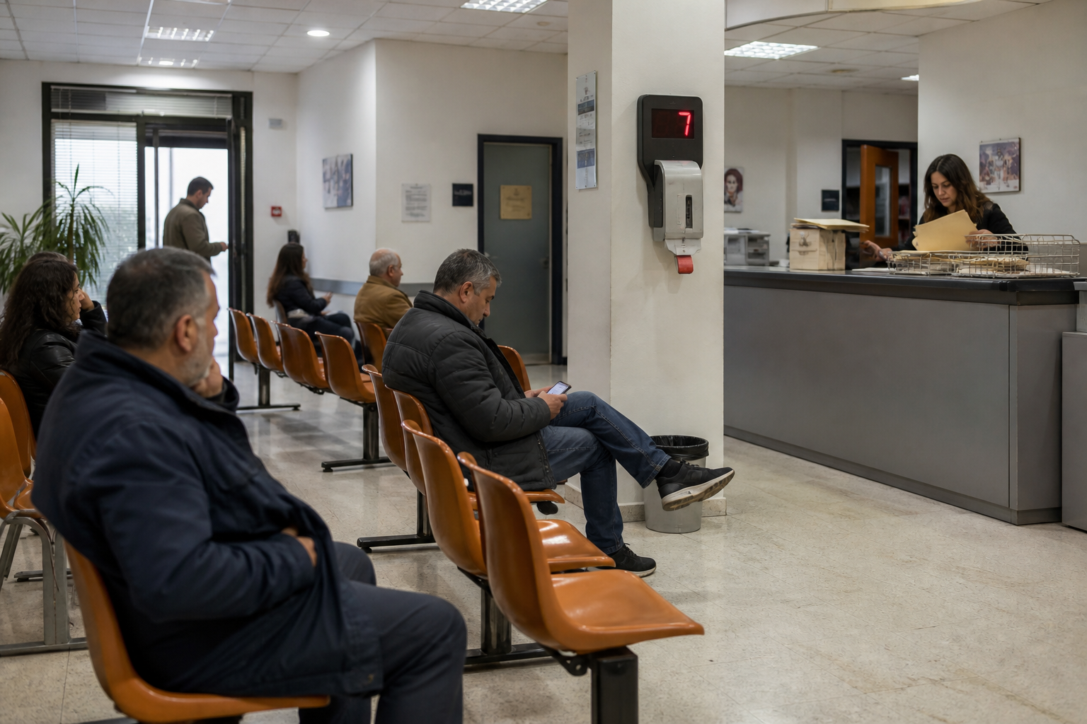 Southern European employment agency waiting hall: plastic chairs, numbered ticket dispenser, a clerk sorting manila folders at a counter