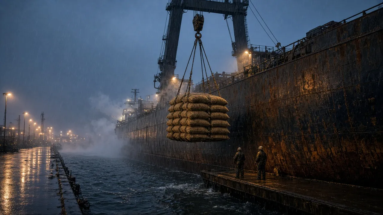 Jute cocoa bags lifted from a freighter onto a wet North Sea quay at blue hour