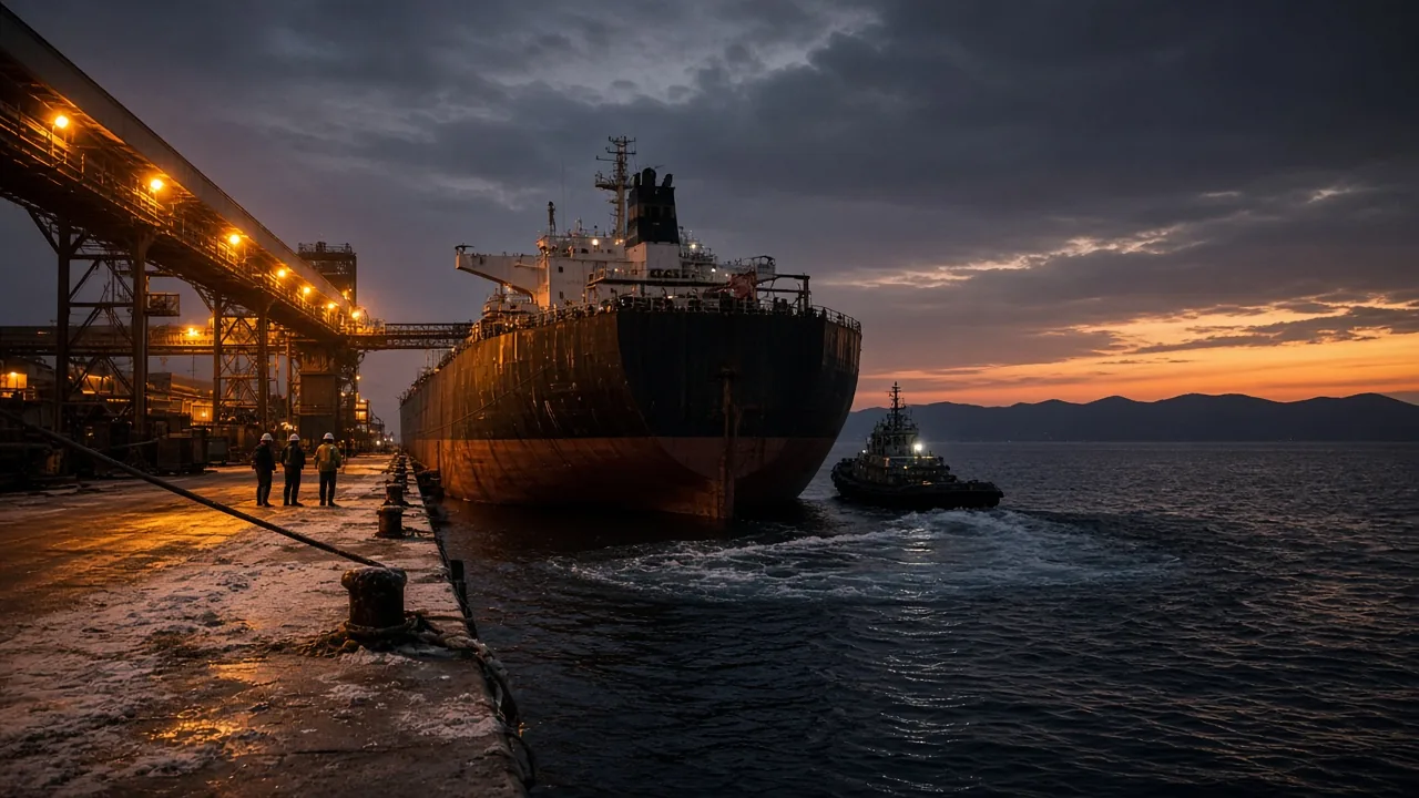 A bulk carrier pulling away from a floodlit Greek industrial quay at dusk
