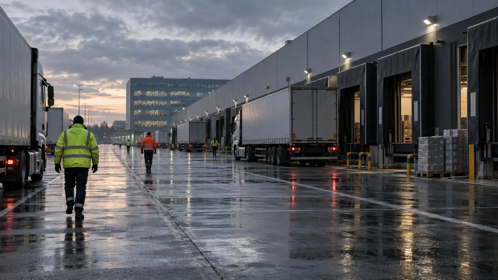 Freight trucks and high-visibility workers outside a rain-wet distribution centre at dawn