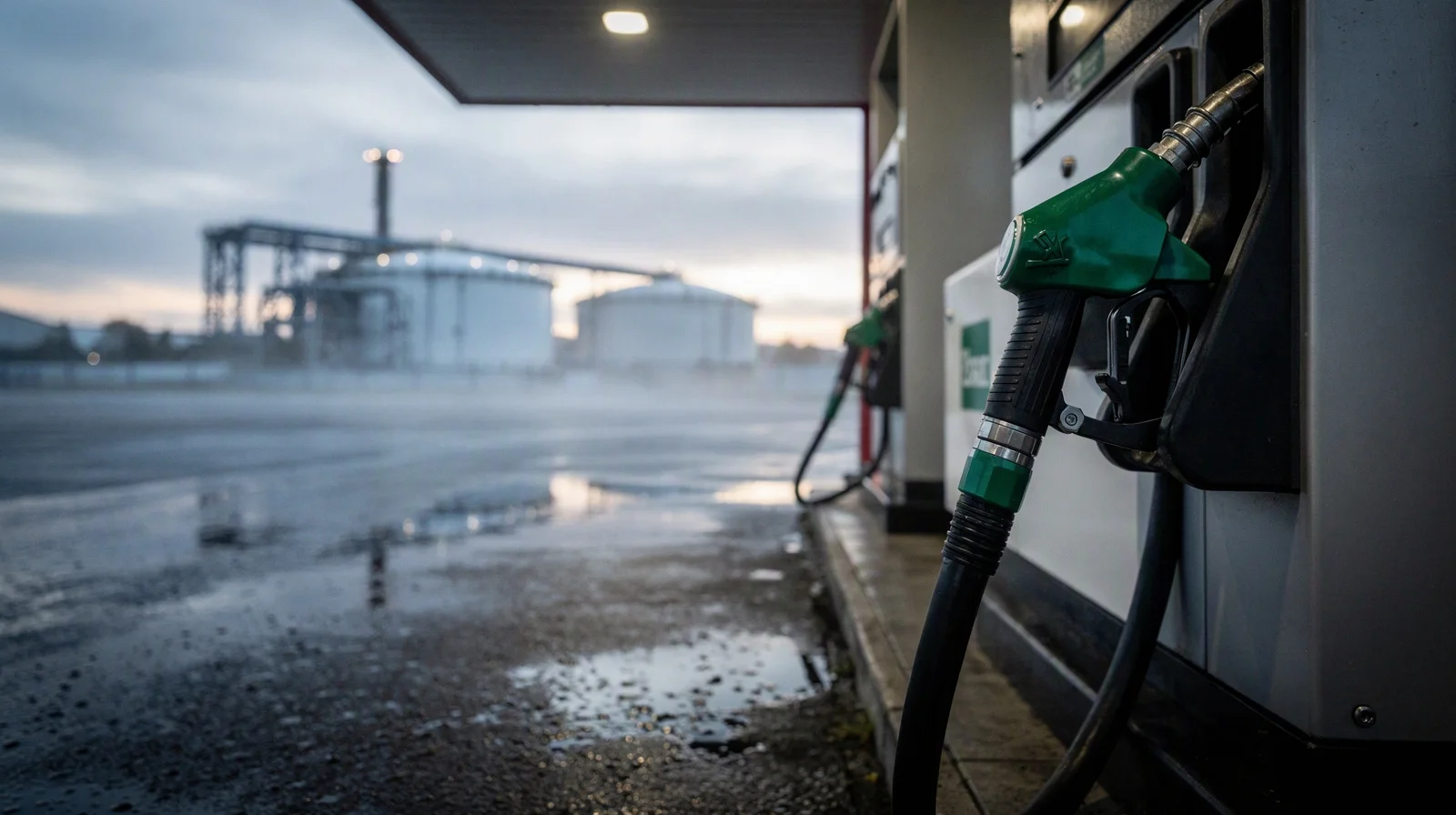 A diesel nozzle at a quiet filling station, with storage tanks visible through rain beyond the forecourt
