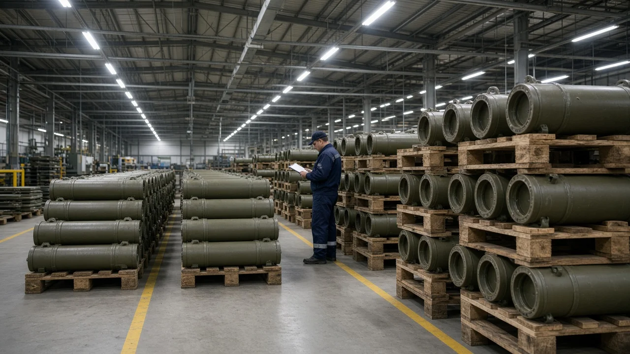 Rows of olive-drab cylindrical munition bodies on pallets inside a Polish defense plant, inspected under fluorescent industrial lighting