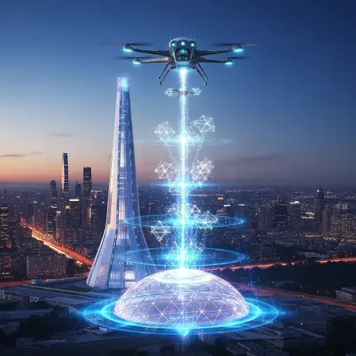 A conceptual rendering of the Dome projecting a luminous class of drones being intercepted within a controlled, multi-layered field, with a cityscape backdrop and a supervisory drone hovering above