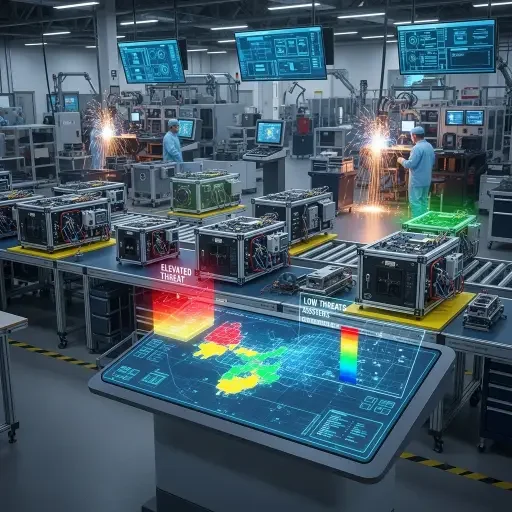 A factory floor in the midst of a modern defense-technology program, with modular, plug-and-play sensor pods and a central console where “color-coded” threat assessments illuminate the room