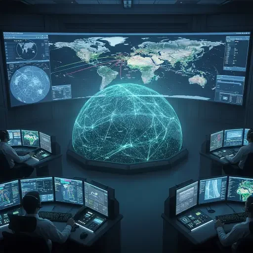 A high-security control room with operators monitoring a map of airspace, illuminated by a soft glow from screens and a central “dome” visualization suggesting coverage density