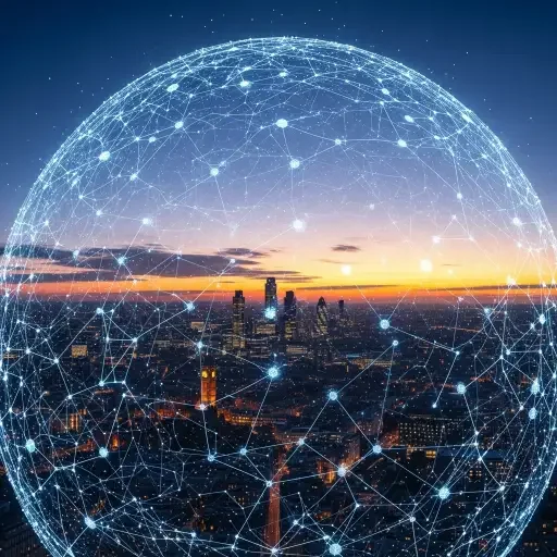 A panoramic, dawn-lit European capital skyline overlaid by a luminous, web-like dome of interception nodes, hinting at a sovereign radar and interception network