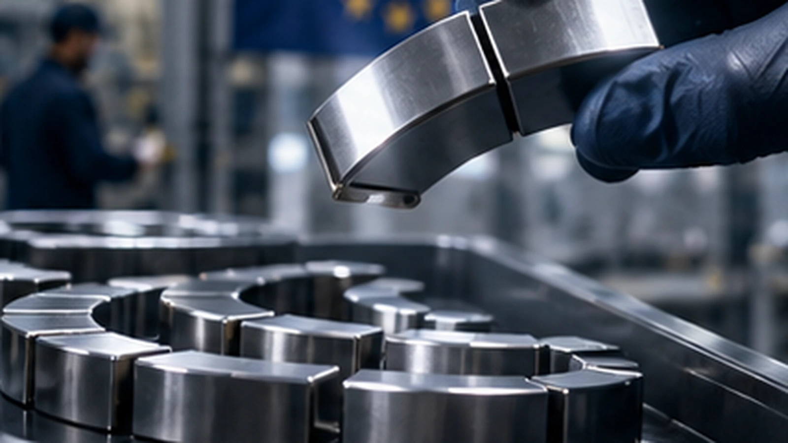 Rare-earth magnet components move through a precision European production line