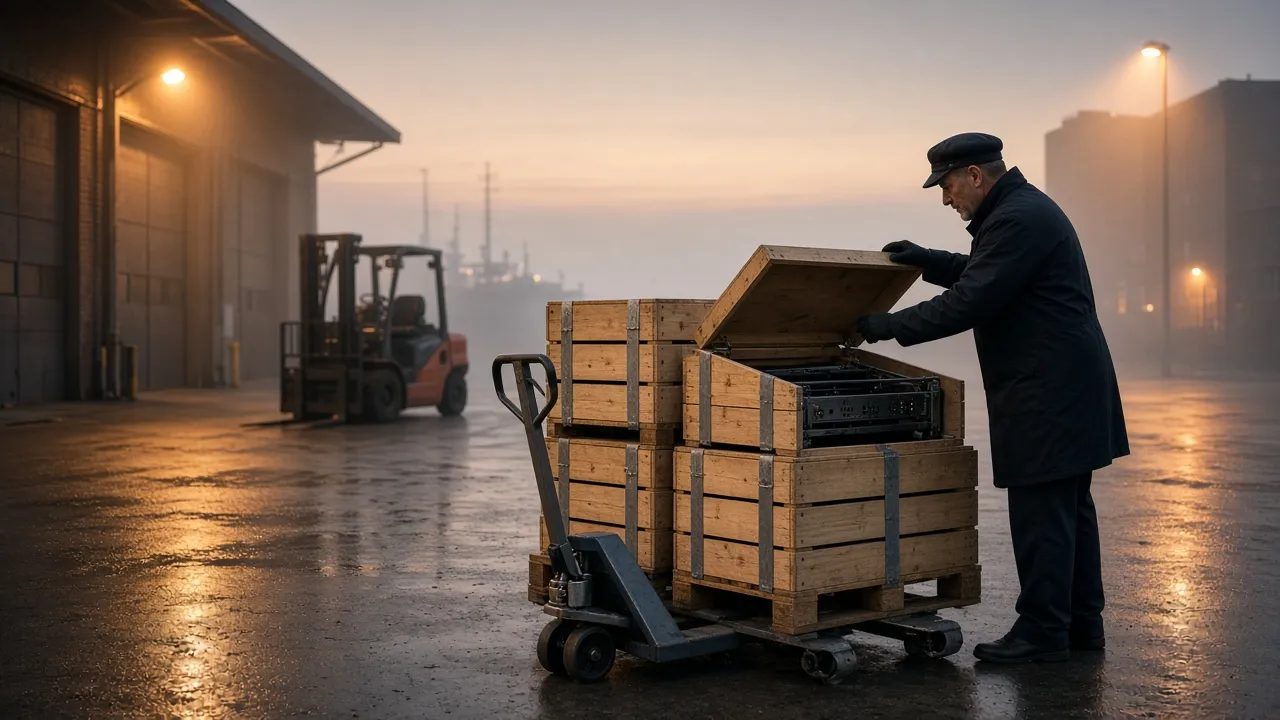 Sealed crates on a European port warehouse floor at dawn, a customs officer lifting a lid on unmarked metal rack chassis in fog