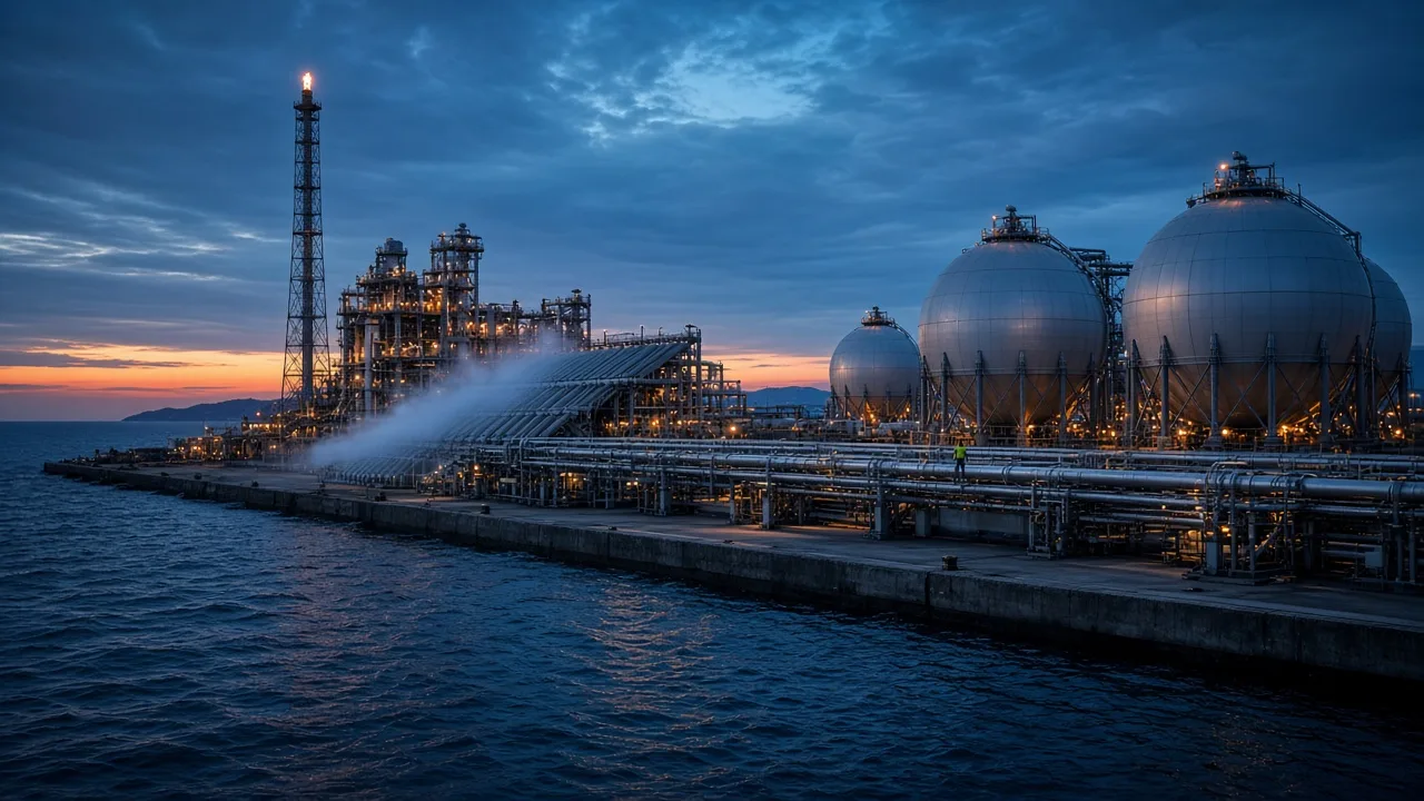 LNG liquefaction train and cryogenic tanks on a coastal industrial spit at blue hour