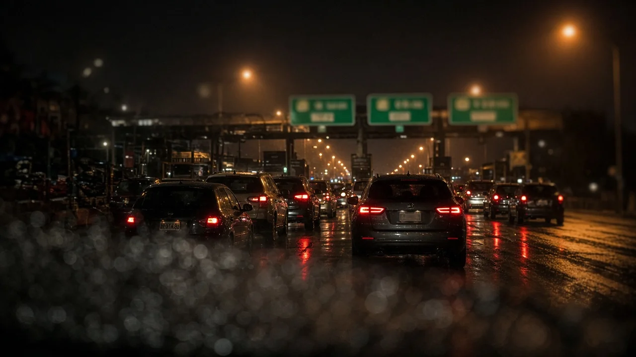 Night rain at a highway toll queue of compact SUVs and crossovers, headlights and brake lights stretching into the distance