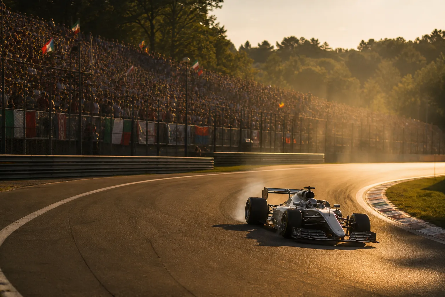 A silver open-wheel car banking through Monza's Parabolica in late-afternoon sun, a packed grandstand behind the curve