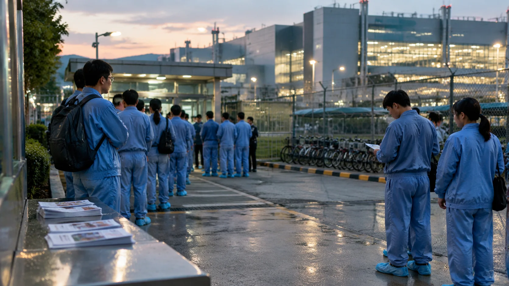Night shift at a Taiwan semiconductor campus gate where workers in cleanroom shoe covers queue beside folded union leaflets on a metal bench, fab lights glowing behind security mesh