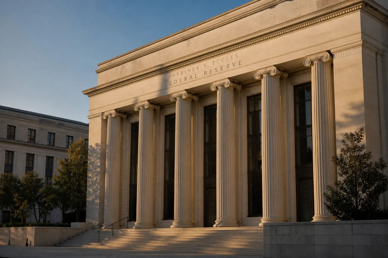 Empty Marriner Eccles Federal Reserve Building facade in late afternoon light with long shadows across the stone columns