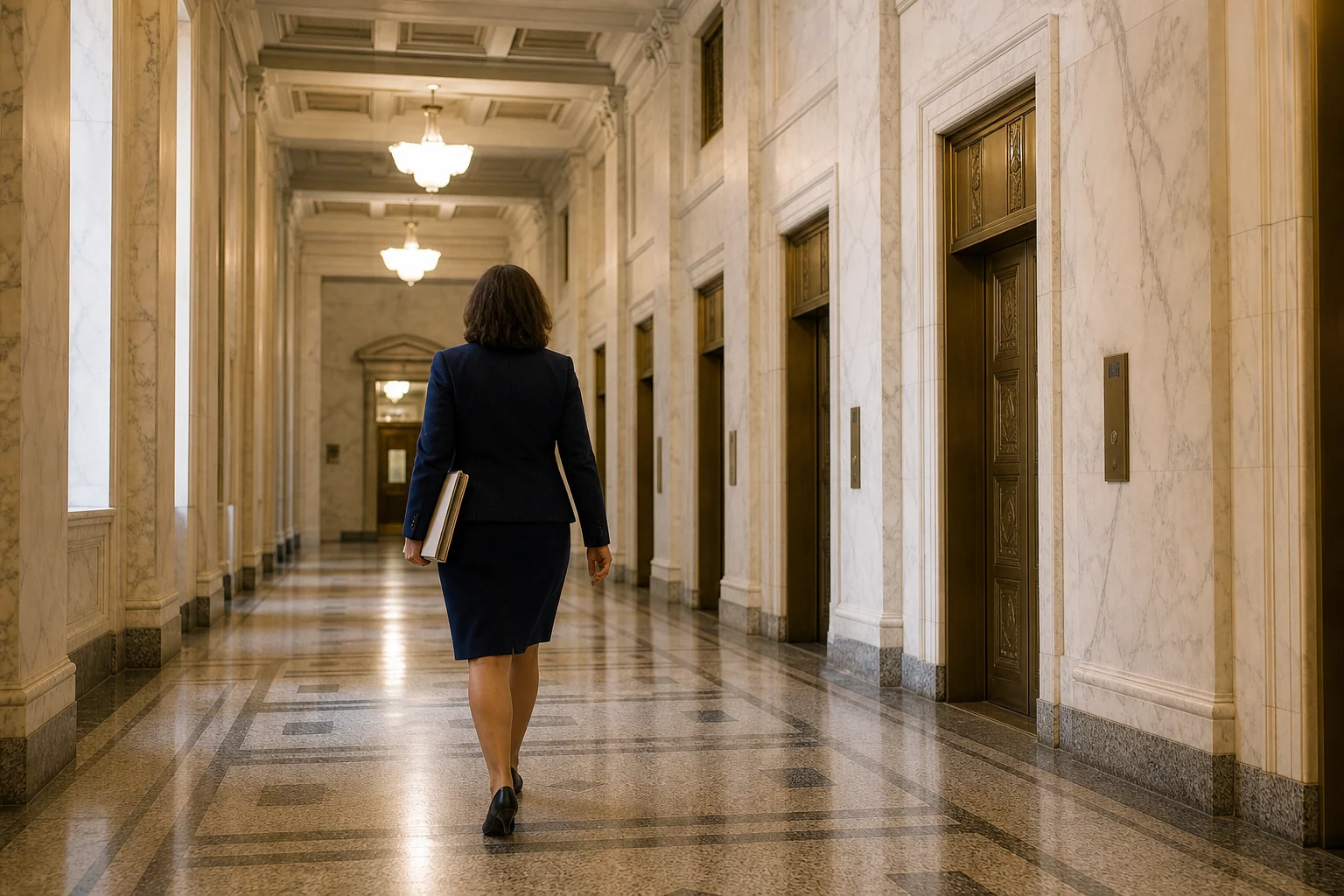 A lone staffer carrying a bound cream folder down an empty marble corridor in a 1930s Washington government building