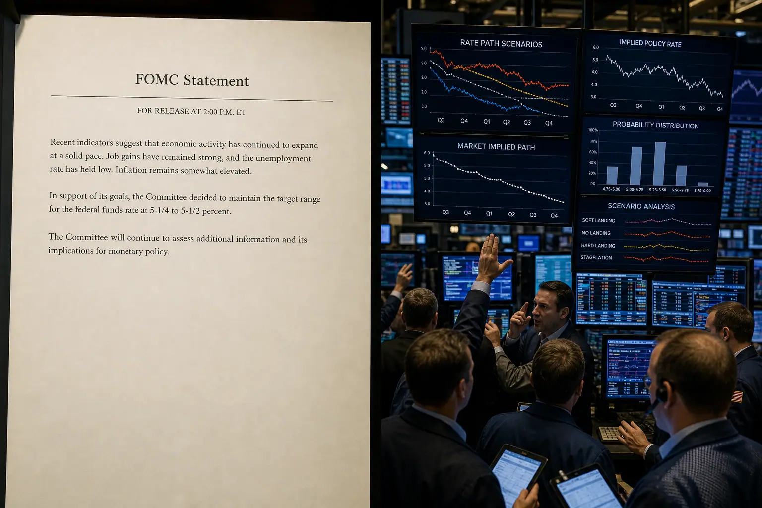 A sparse Federal Reserve statement page beside a crowded trading floor of screens and hand signals, illustrating thin official text and thick market improvisation