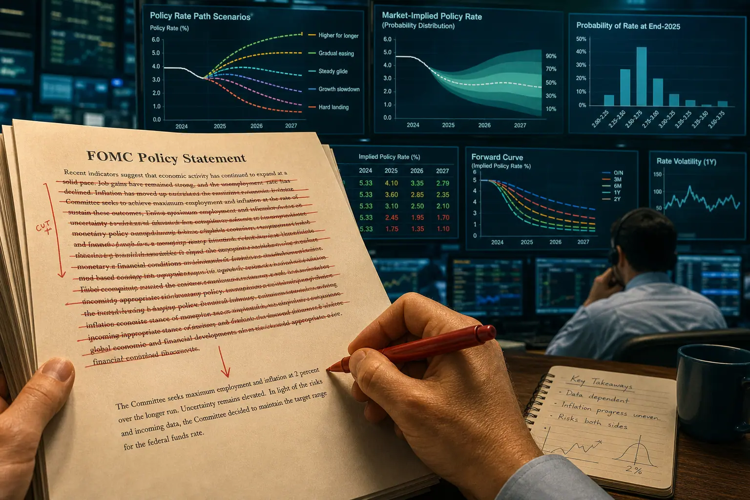 Close-up of a redlined FOMC statement shrinking to a sparse paragraph while traders' screens fill with competing rate-path scenarios