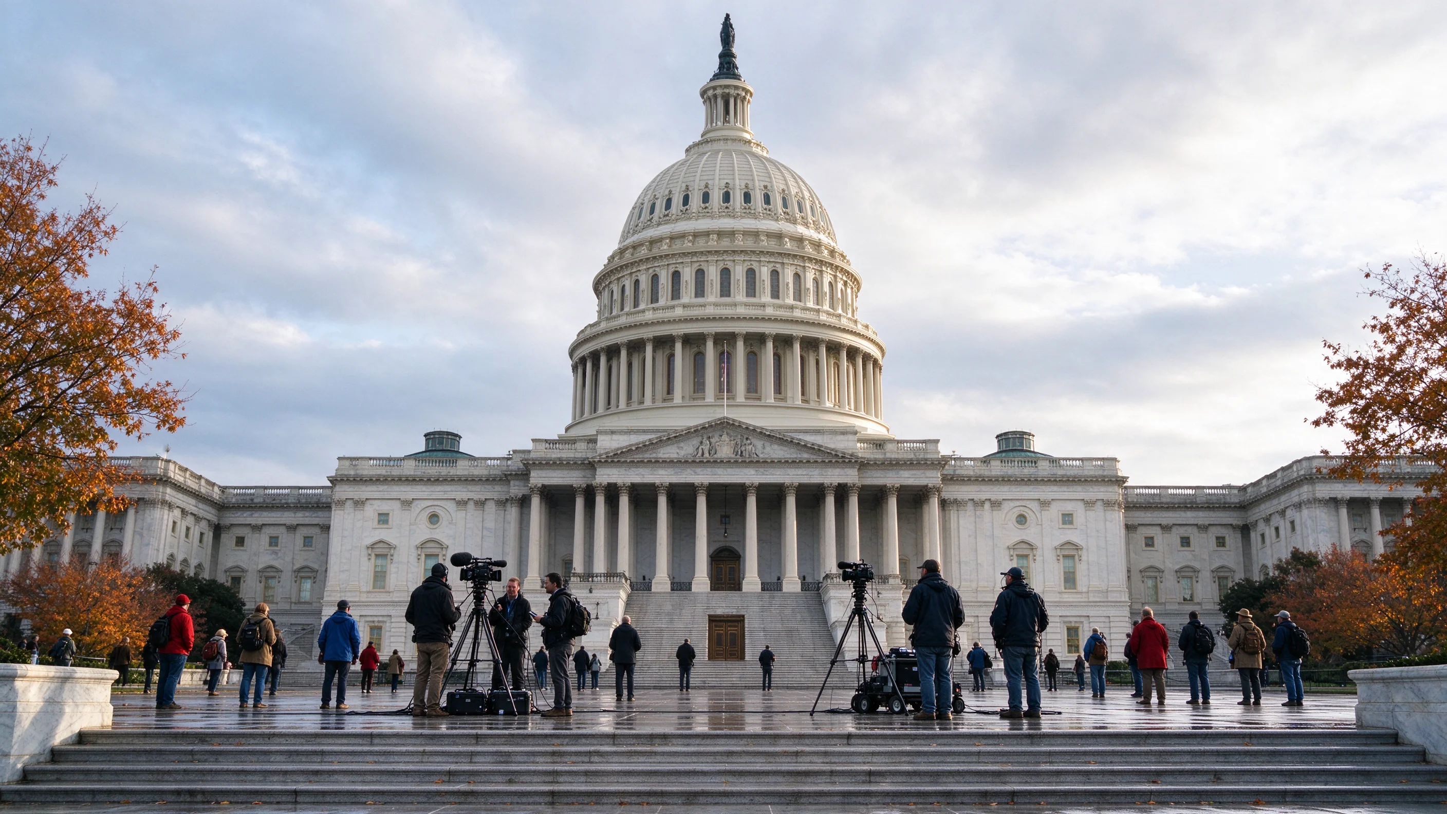 Luminous overcast autumn afternoon on the U.S. Capitol east plaza with press crews and tourists on the steps