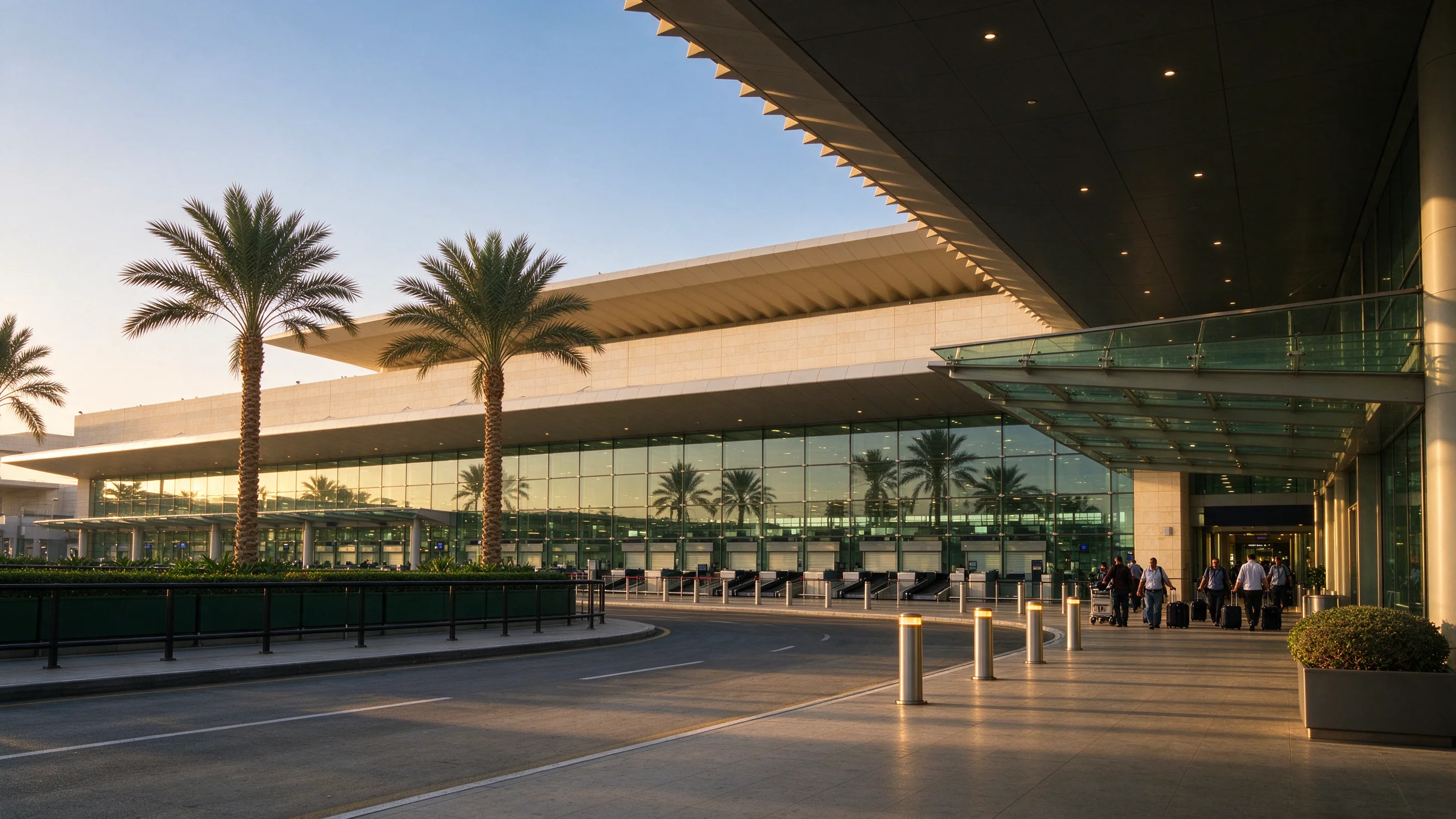 Bright daylight on a Middle East international airport departures facade with quiet drop-off lanes and diverted travelers at a side entrance