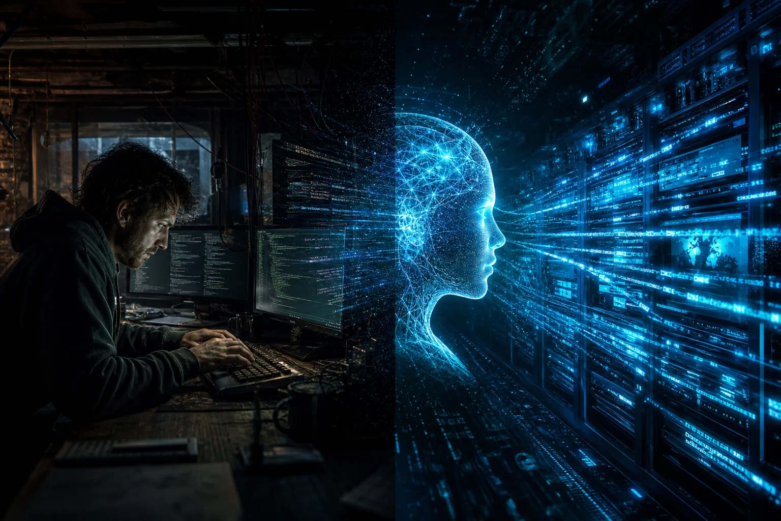 Split view contrasting slow human hacking with AI-generated exploit code cascading across server infrastructure