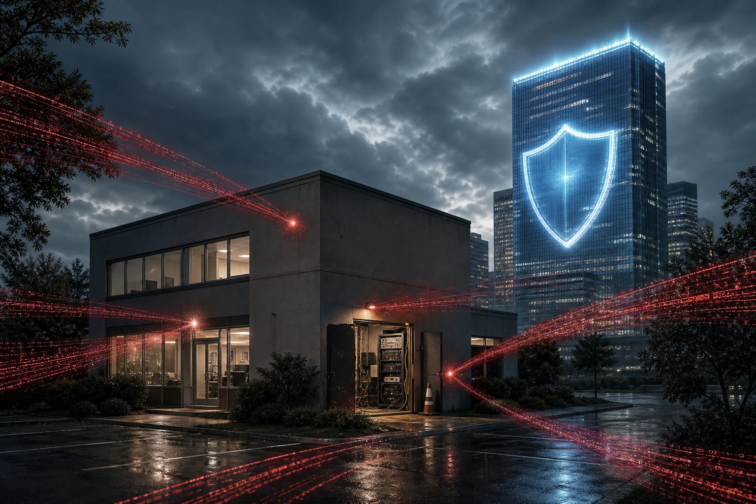 Modest office building with outdated server infrastructure contrasted against fortified corporate cybersecurity defenses