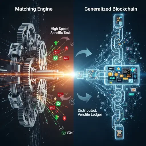 Stylized comparison of matching engine vs generalized blockchain