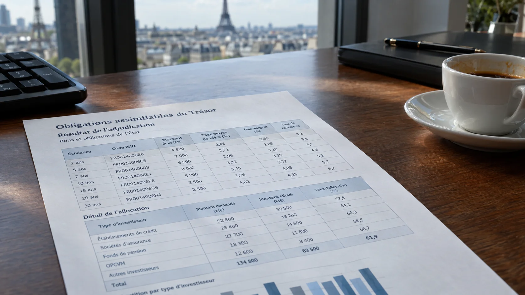 Printed French OAT auction allotment sheet on a syndicate desk beside a keyboard and half-empty espresso cup, morning light from a high window, no logos visible