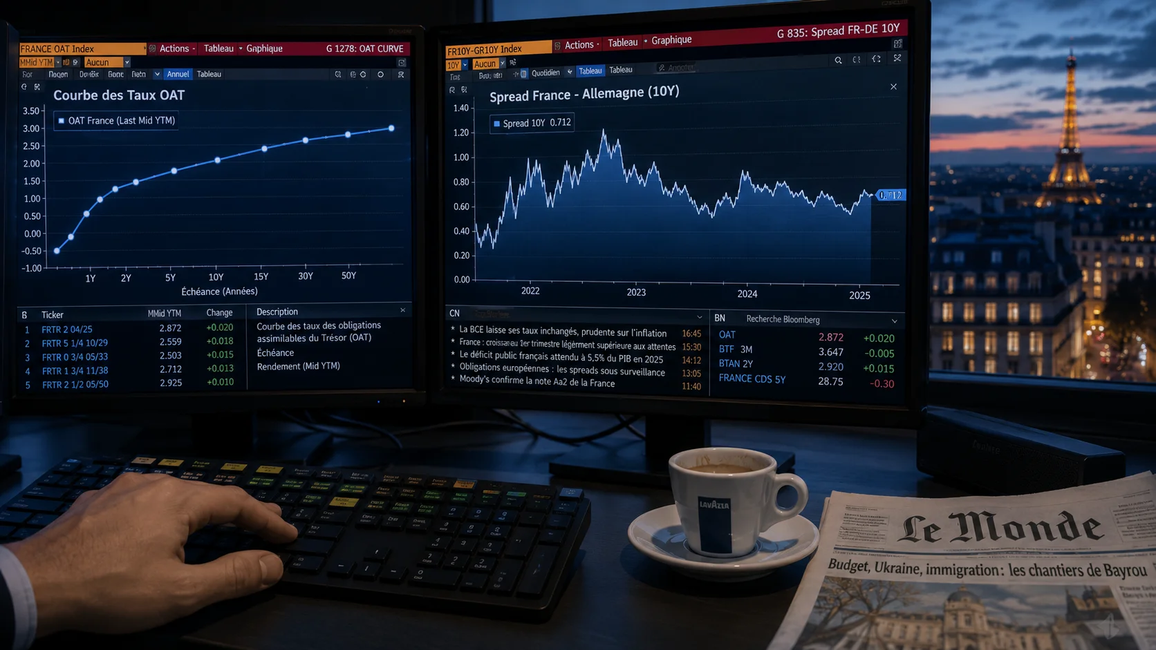 Paris trading desk at dusk with OAT yield curve and France-Germany spread on monitors