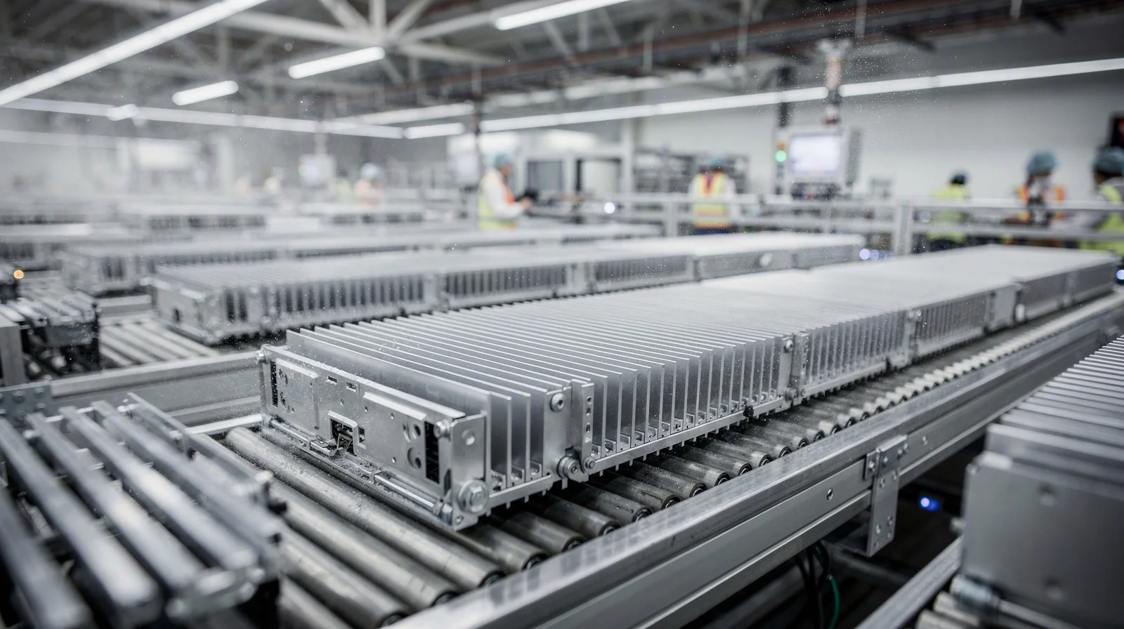 Identical GPU server trays on a factory line under industrial lighting
