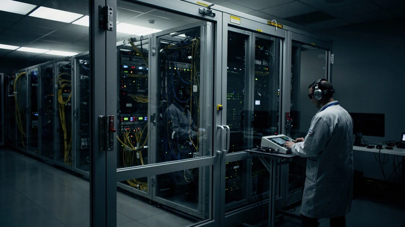 An AI safety technician observes isolated computing racks through a glass partition