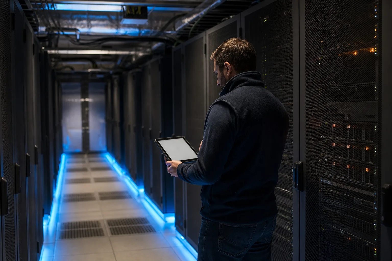 Night data-hall cold aisle with amber fault lights on an authentication rack and a lone engineer checking a handheld tablet