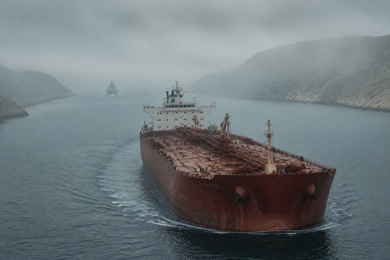 Oil tanker in a foggy narrow sea channel at dawn, distant escort silhouette on the horizon
