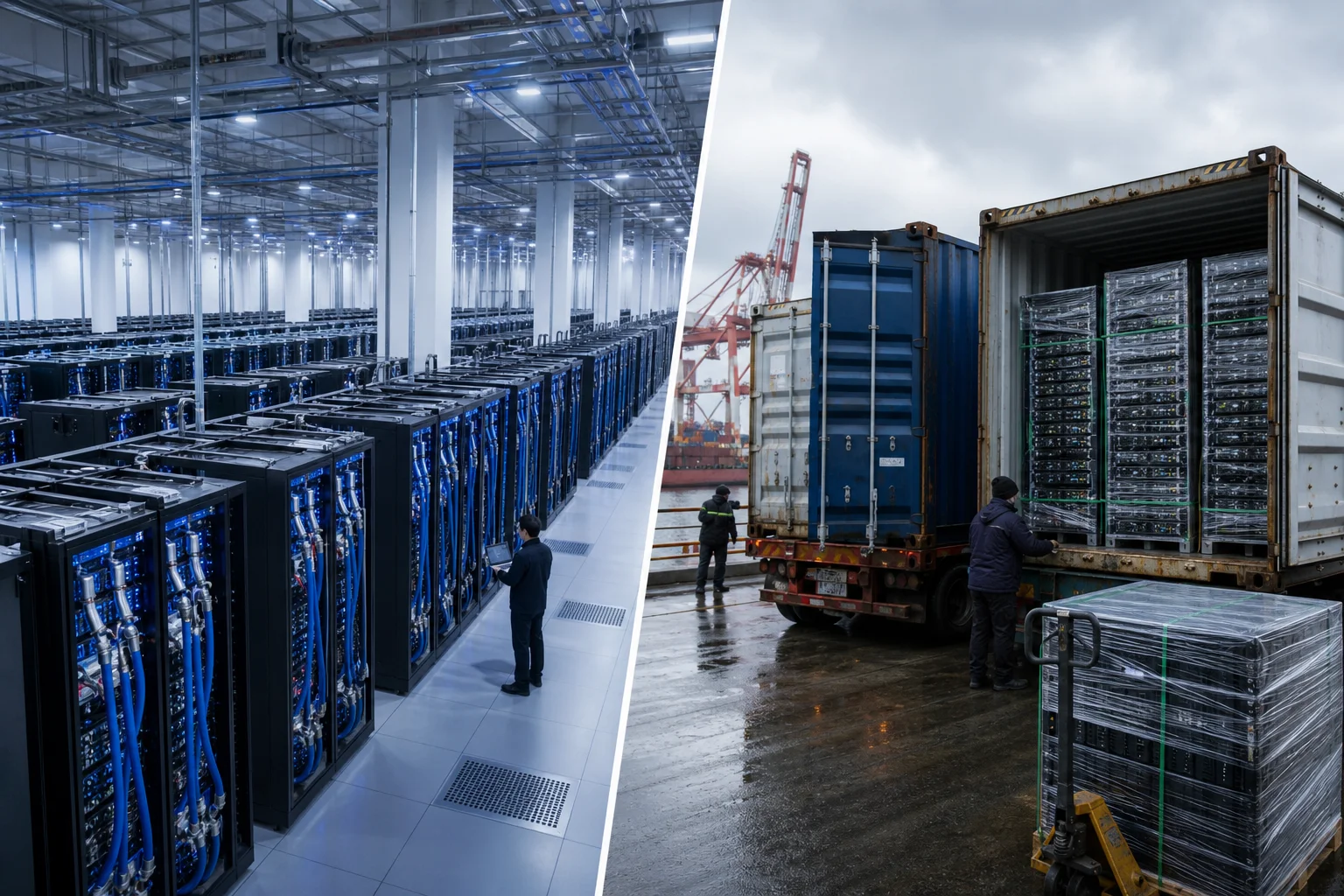 Split comparison showing domestic CPU supercomputer architecture versus smuggled GPU server diversion through transshipment routes