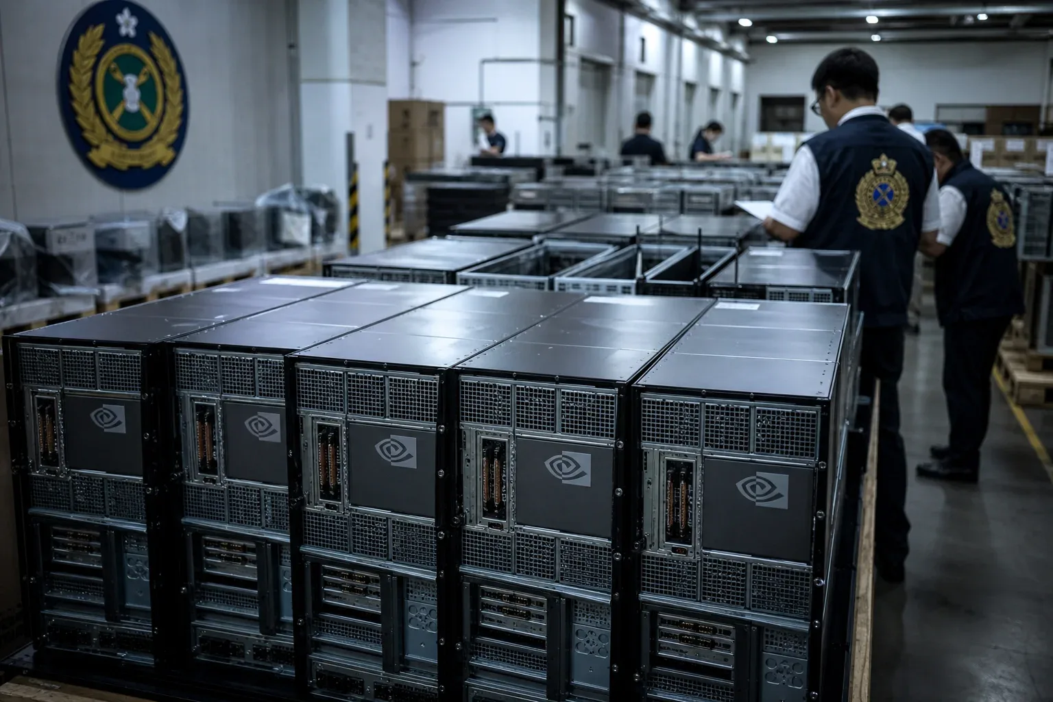 Seized AI server racks with Nvidia branding in a Taiwan customs warehouse during a chip-smuggling investigation