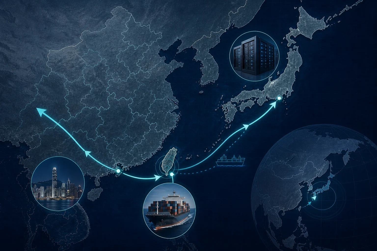 Map showing diversion route from Taiwan through Japan and Hong Kong toward mainland China with server shipment icons