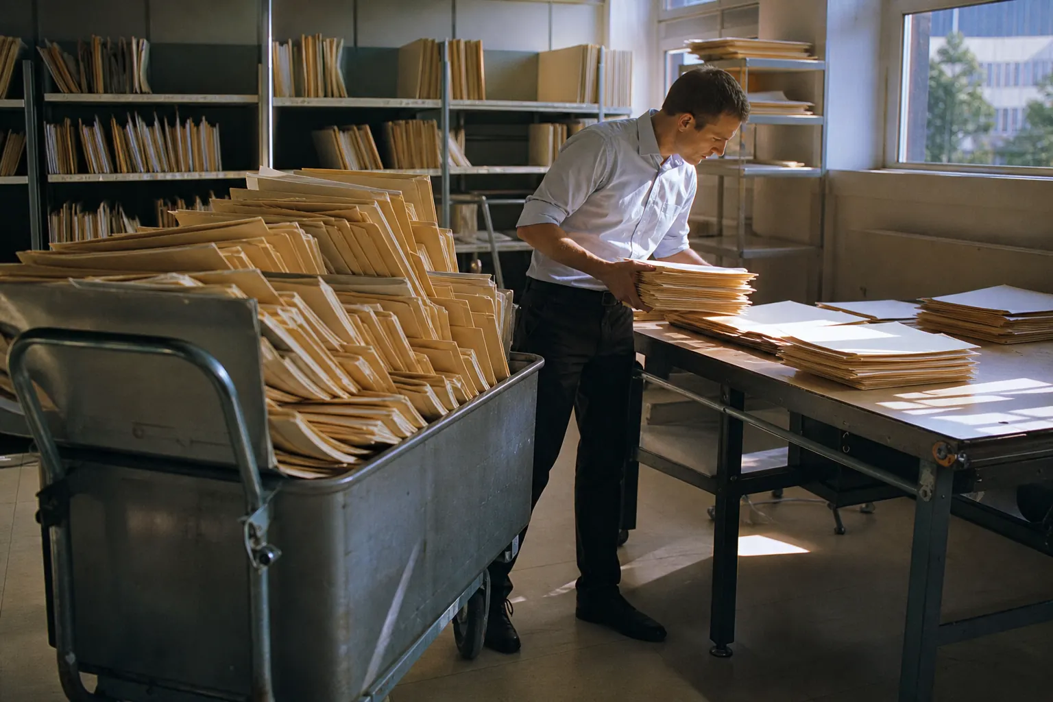 Federal statistics mailroom: a metal in-tray of unmarked manila folders, one clerk transferring a stack from a cart
