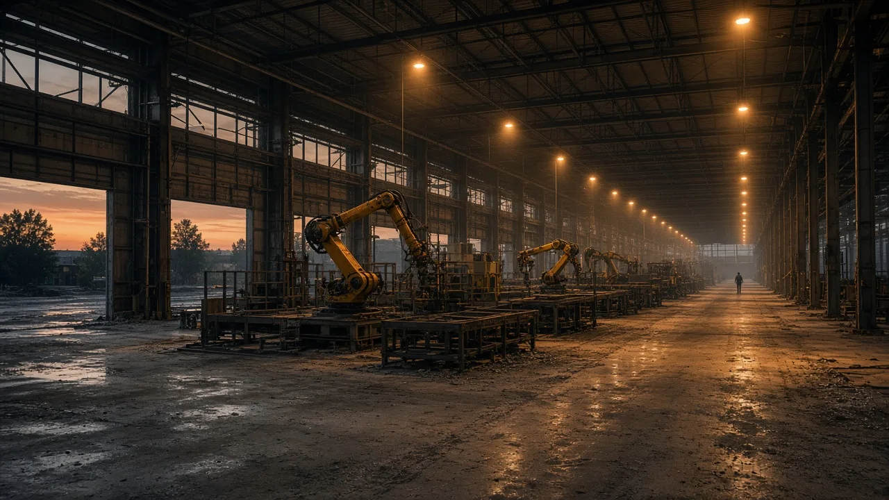 Unfinished automobile assembly hall at dusk, half-installed robots under sodium lamps