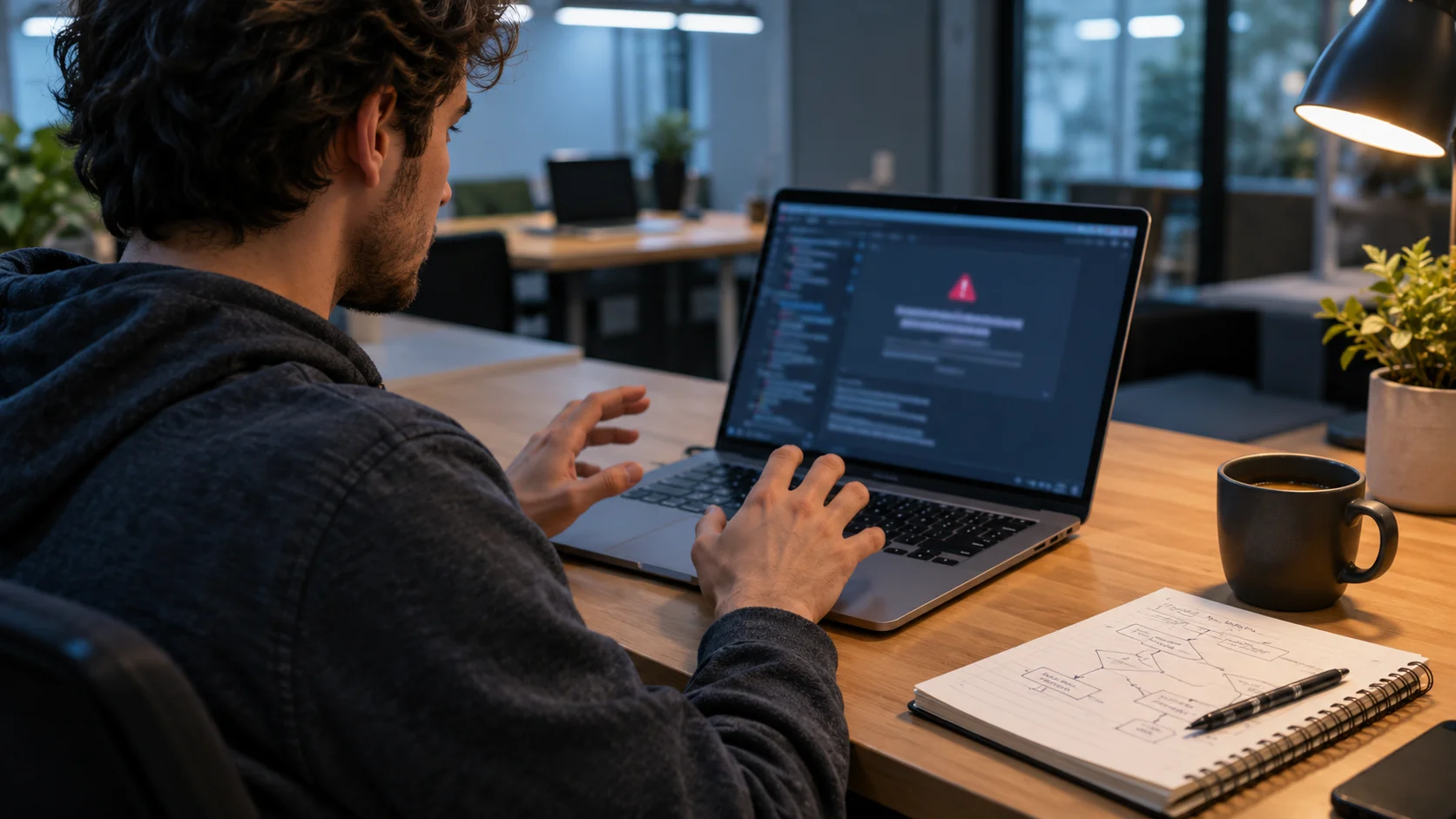 Developer pauses at a laptop in a co-working space after an interrupted coding session