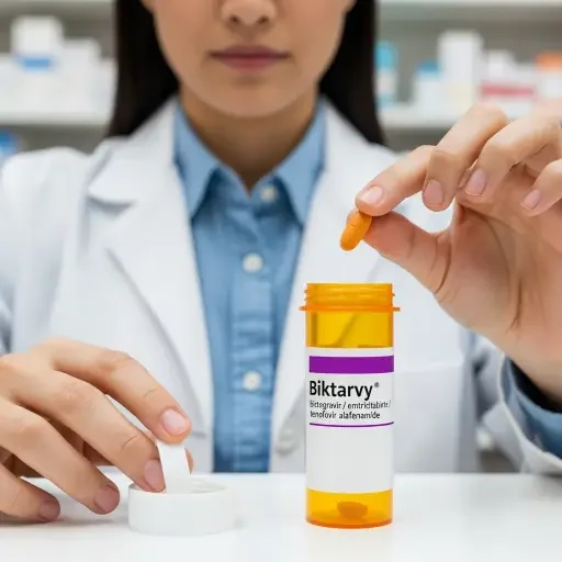 Pharmacist placing a single-pill HIV prescription into a bottle labeled Biktarvy