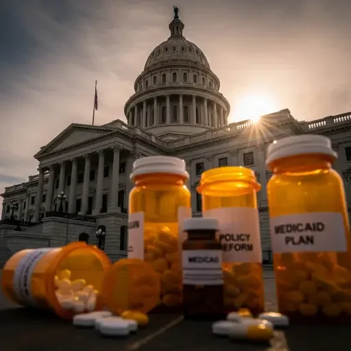 State capitol building with prescription bottles in foreground, representing Medicaid policy