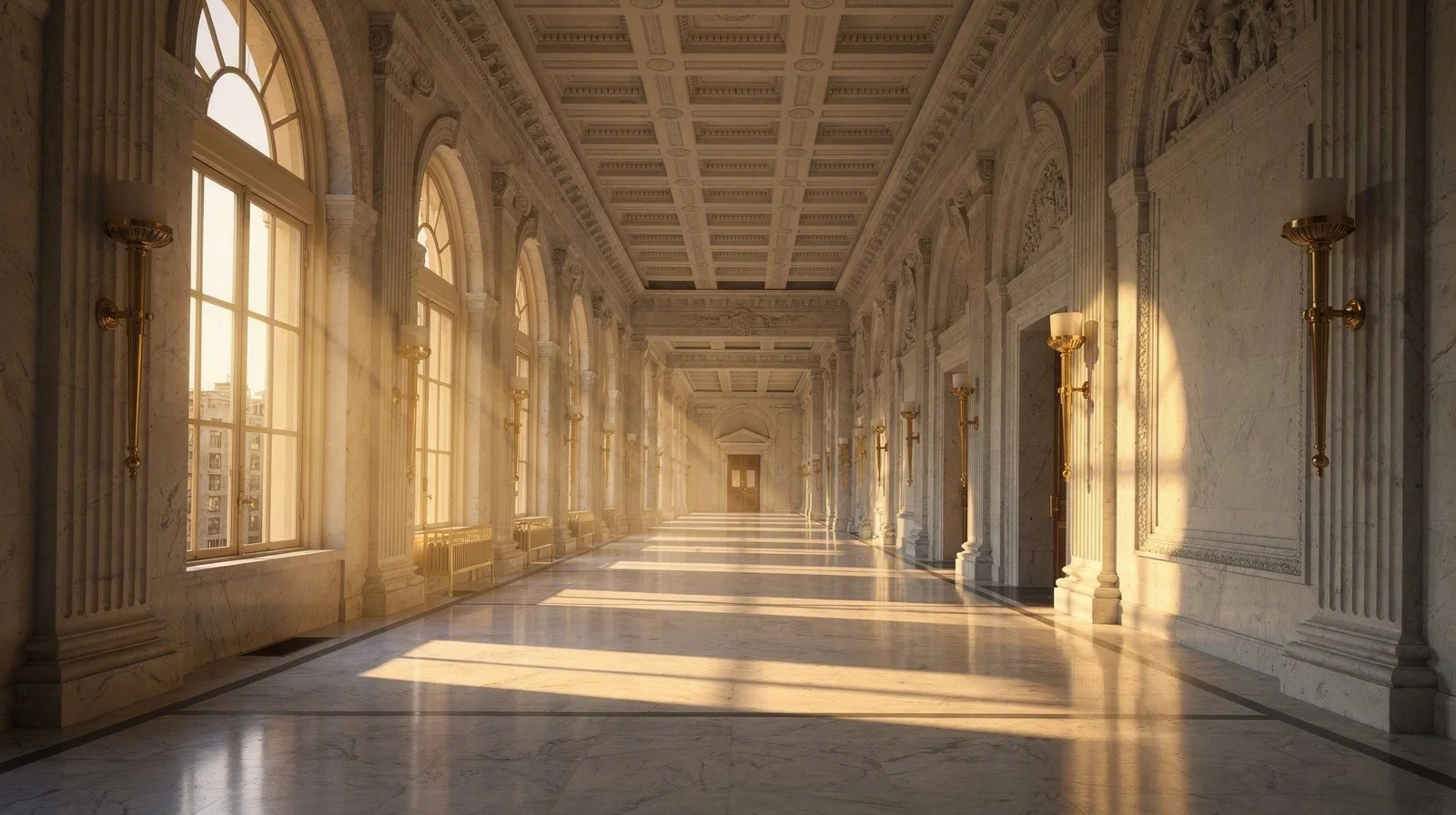 Empty neoclassical central bank marble corridor at golden hour, long perspective and warm window light