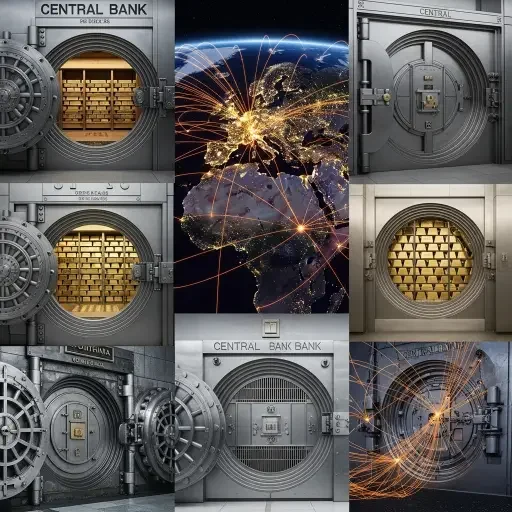 A montage of central bank vaults and a satellite image of global financial networks, symbolizing the spatial reach of reserve decisions
