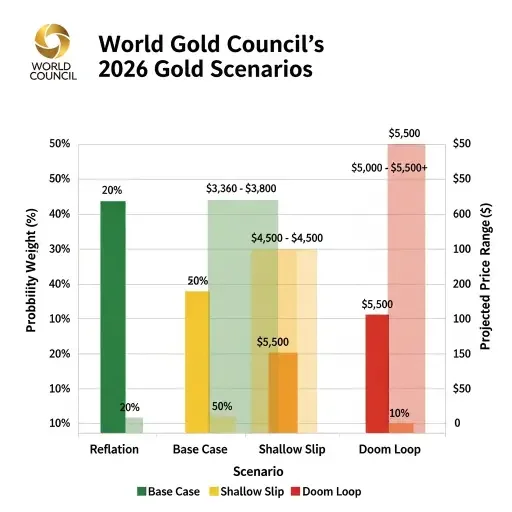 Chart showing World Gold Council's four 2026 scenarios with probability weights and projected price ranges: Reflation Return (20%, $3,360-3,800), base case (50%, $4,000-4,500), shallow slip (20%, $4,500-5,000), doom loop (10%, $5,000-5,500+)