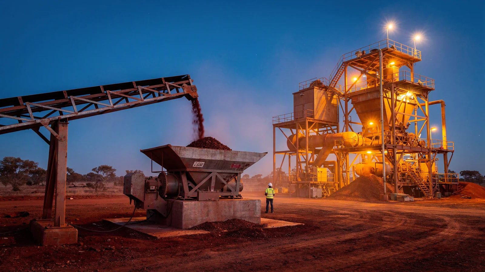 Crushed ore pouring from a conveyor into a mill feed chute beside a lit processing plant at dusk