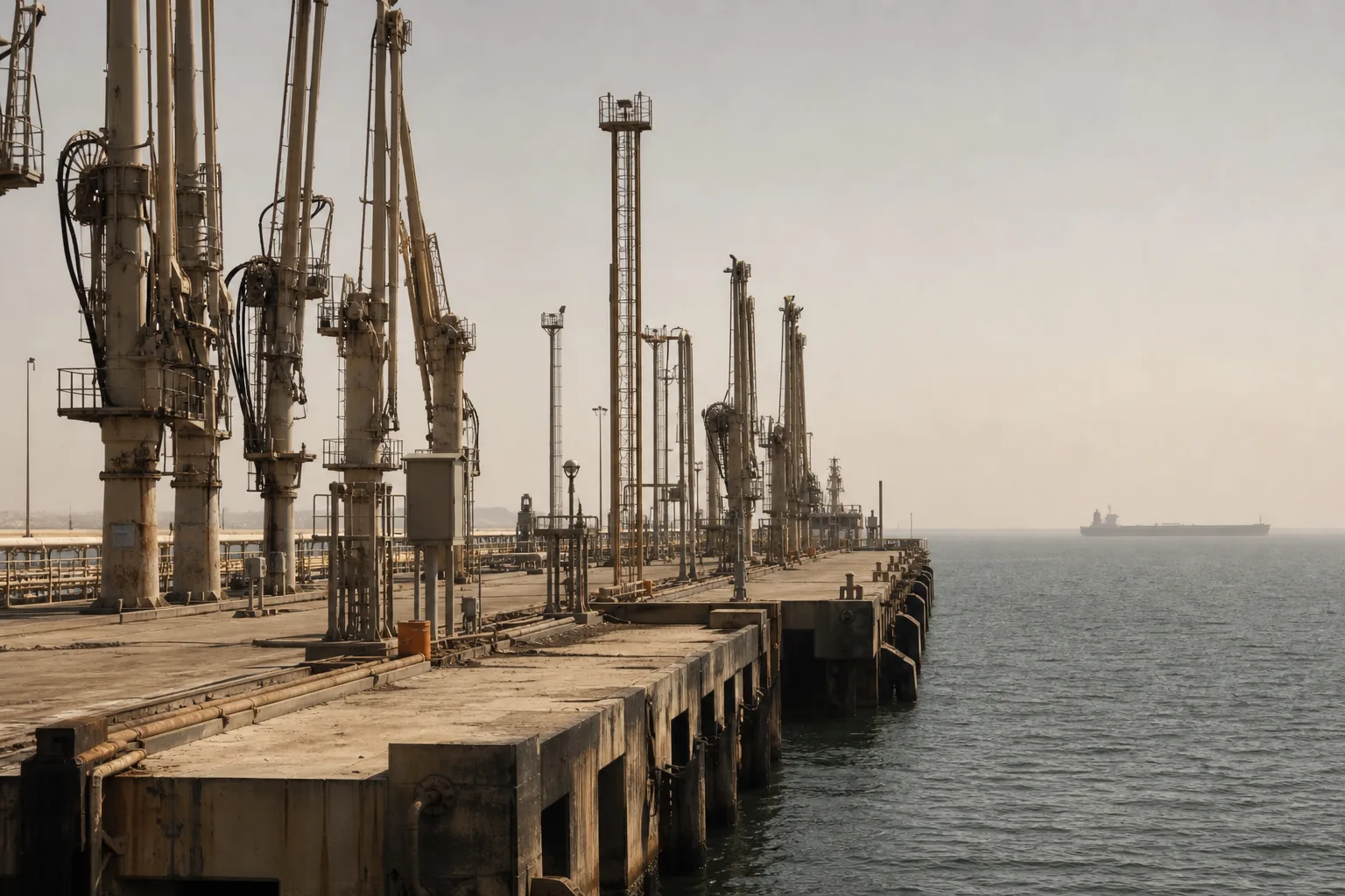Idle Gulf crude loading terminal in harsh midday heat with disconnected loading arms and empty berths