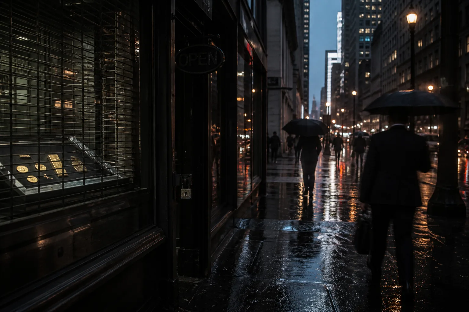 Closed precious-metals storefront at rainy dusk with dark gold display case and wet street reflections as pedestrians pass