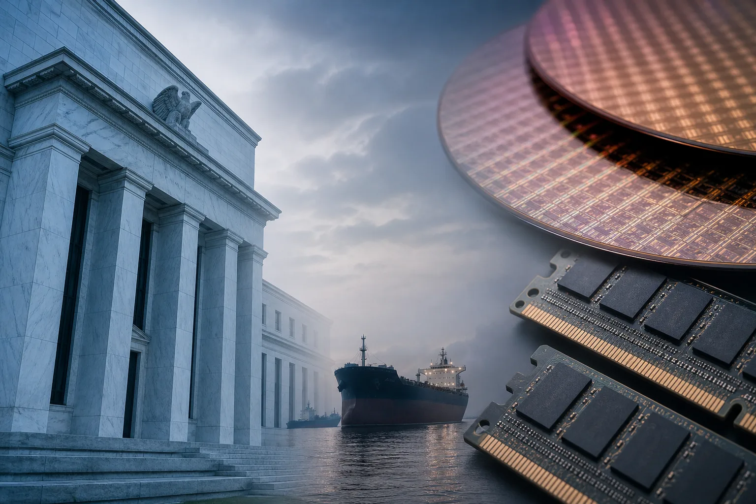 Federal Reserve columns dissolving into semiconductor wafers and memory modules