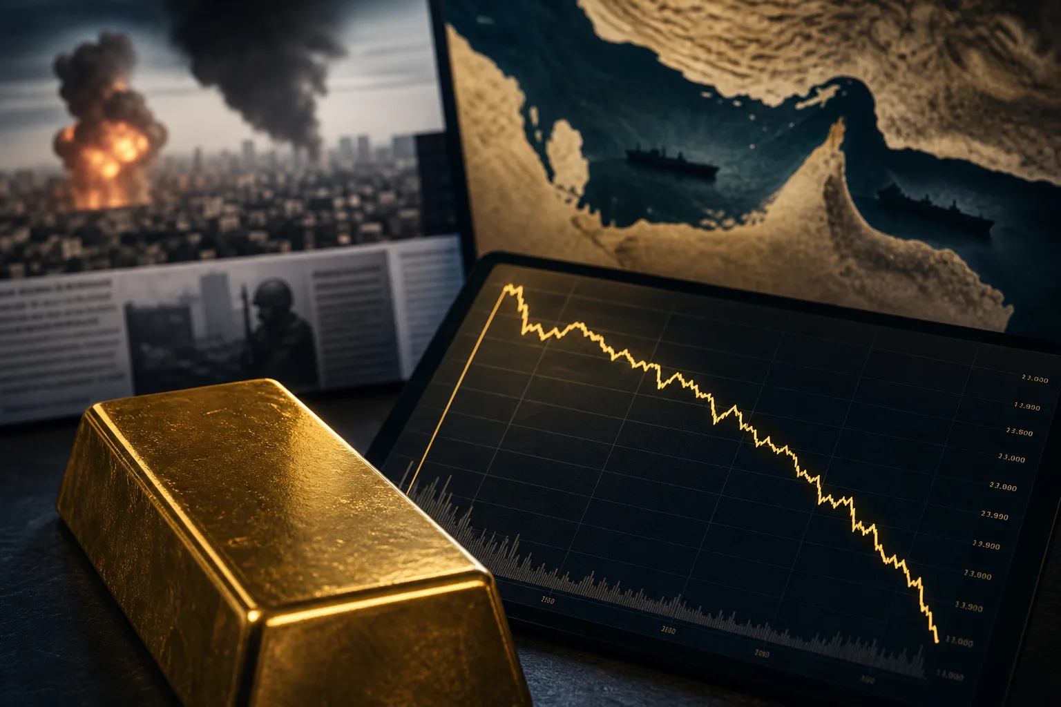 Gold bullion beside a falling price ticker with blurred Middle East conflict headlines
