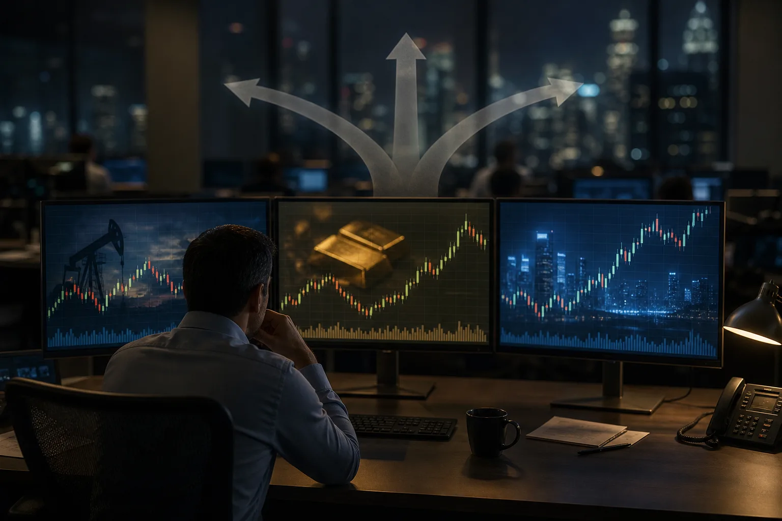 Trading desk with branching scenario paths across oil, gold, and tech monitors