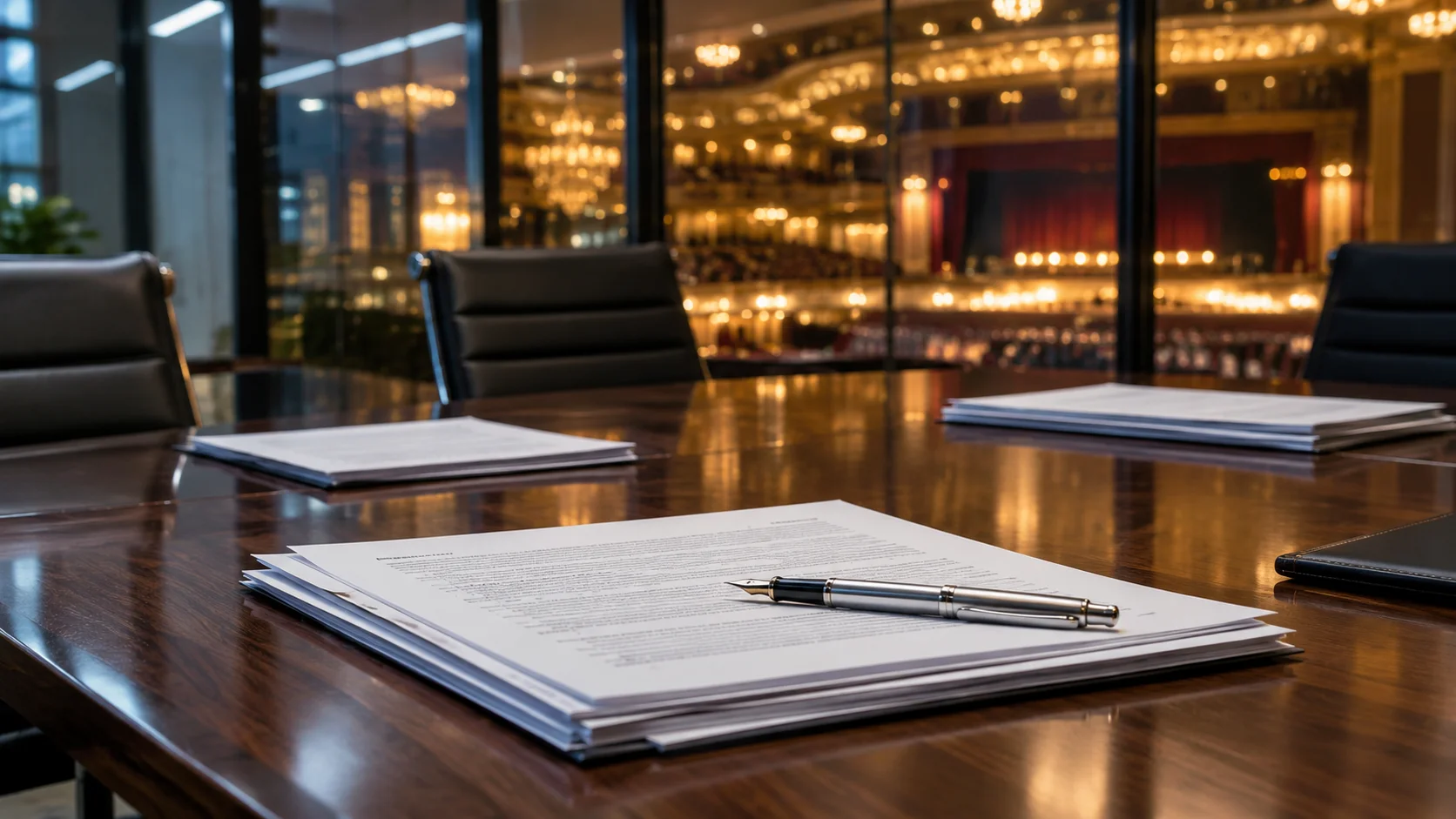 Close-up of printed contract pages and a fountain pen on a walnut boardroom table, blurred golden stage lights reflected in a window behind